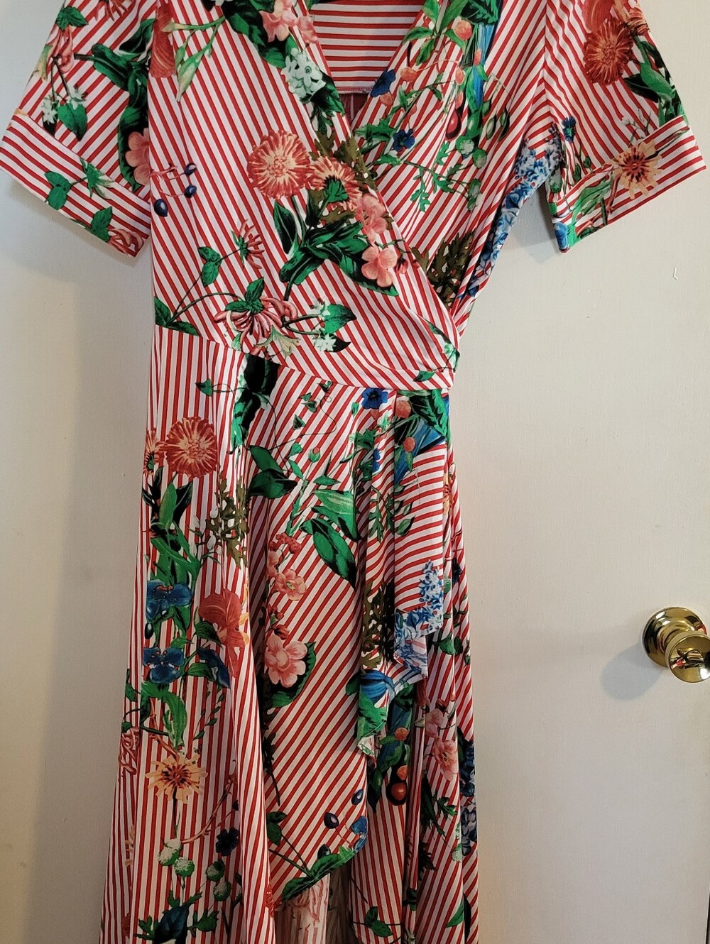 Calvin Klein Red White Striped Floral Wrap Dress High Low Ruffle Tie Back Sz 10